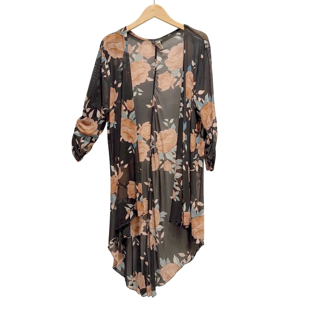 NY Invasion Floral Kimono Women L Black Sheer Kimono Boho Festival Garden Party